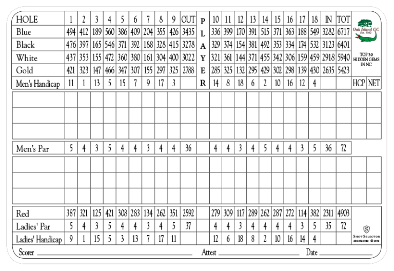 Course Scorecard Oak Island Golf